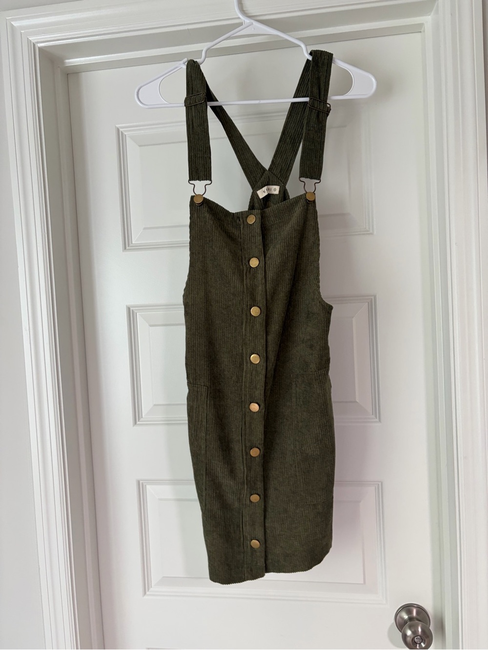 Button-Front Olive Green Corduroy Mini Pinafore Dress